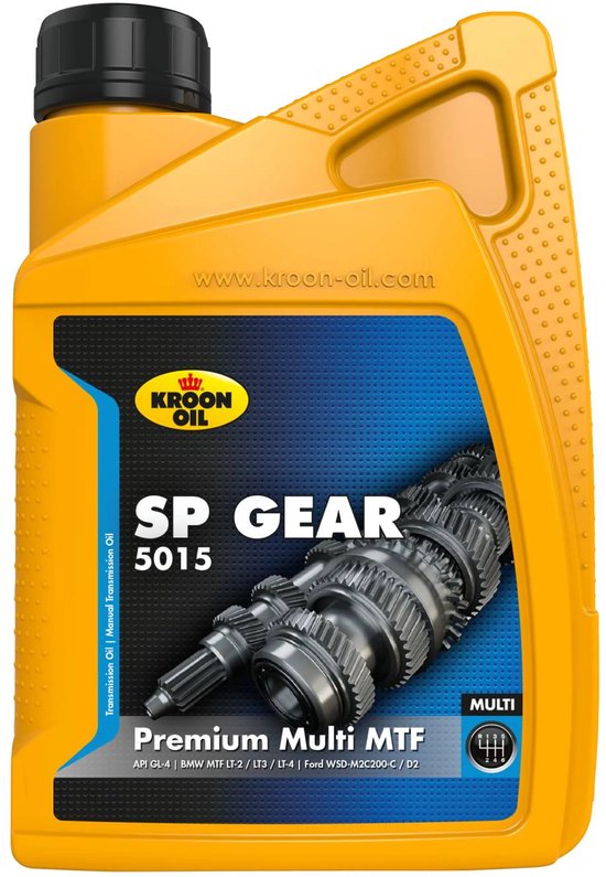 Oranje jerrycan Kroon-Oil SP GEAR 5015 Premium Multi MTF met tandwielafbeelding en specificaties.