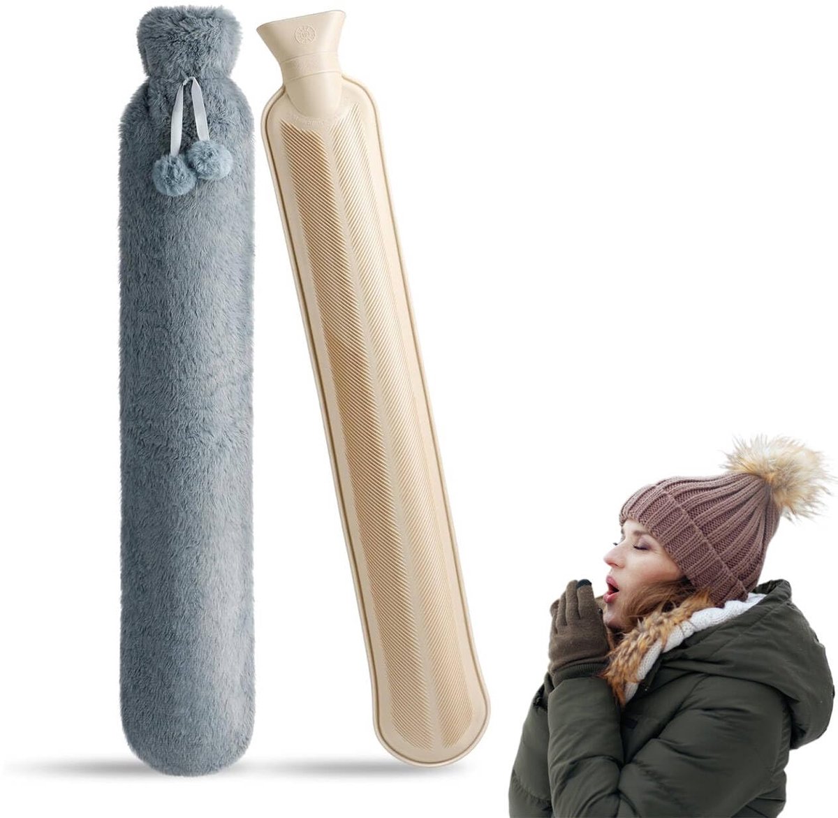 Lang Warmwaterkruik - Zacht Fleece Deksel - Capaciteit 2L - Geschikt Voor Nek, Schouders, Buik En Rug