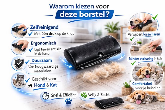 Zwarte ergonomische borstel met één druk op de knop voor zelfreiniging, verwijdert losse haren bij honden en katten.