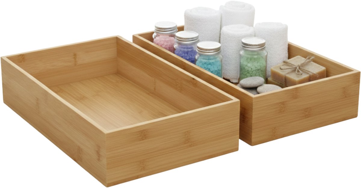 Gerimport Lade organizer - 2x - bamboe hout - 32 x 24 x 7 cm - bakje - kast sorteerbakje