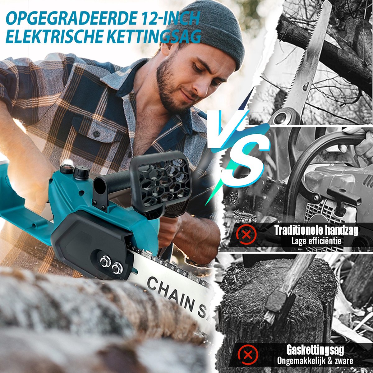 Elektrische kettingzaag 12" draadloos met 2 x 18V 5,5Ah accu's en veiligheidsslot, voor het snoeien van bomen en het zagen van takken. – foto 4