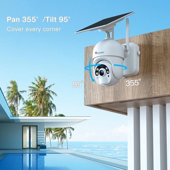 Ctronics 2K 3MP WiFi-bewakingscamera voor buiten met zonnepaneel, draadloze IP-camera met oplaadbare batterij, PIR-bewegingssensor, kleurennachtzicht, tweewegsaudio, IP66 — afbeelding 4