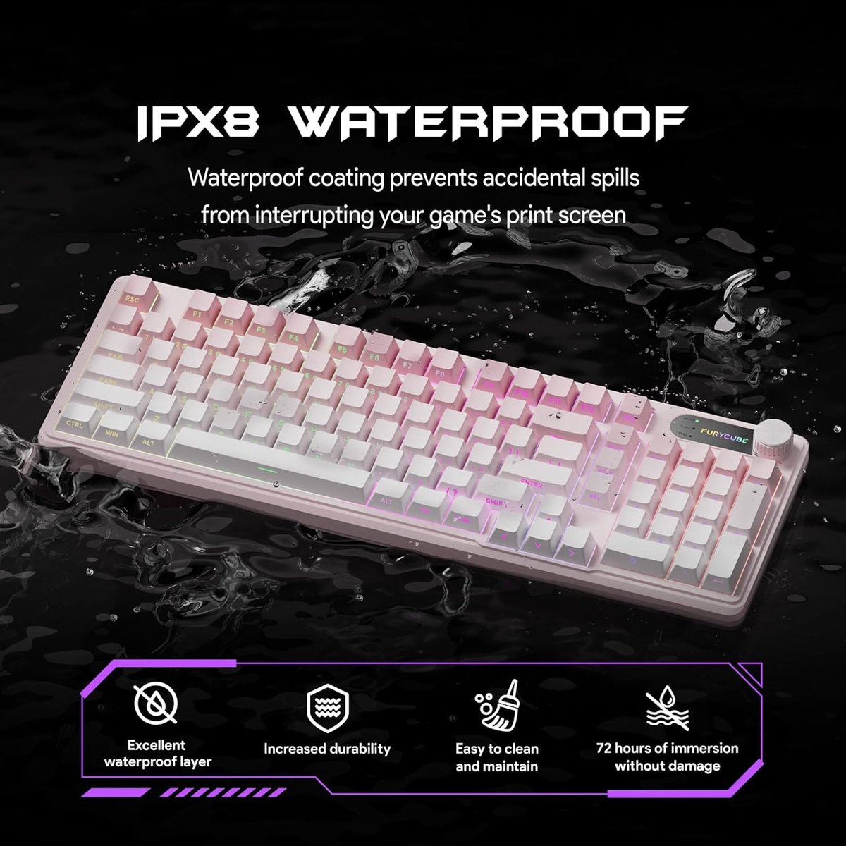 Furycube IP98 PRO - Mechanisch-Feeling Gaming Toetsenbord - 98 Toetsen - RGB Verlichting - Draadloos & Bedraad - 5000mAh Batterij - Roze thumbnail 6