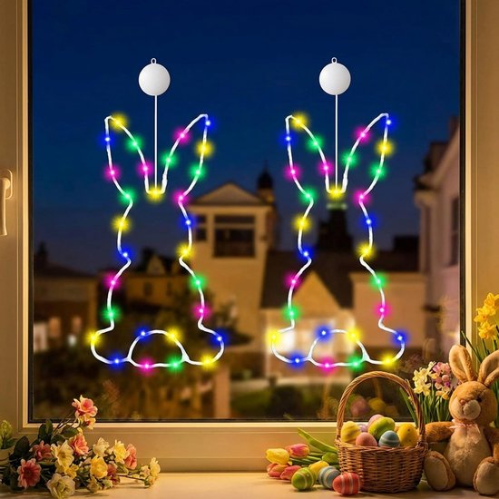 Éclairage LED pour fenêtres - 2 pièces - Décoration pour Pâques - Lapin de Pâques - Éclairage de fenêtre avec ventouse et minuterie - Fonctionne avec 3 piles - Décoration de Pâques pour l'intérieur et l'extérieur, fête à la maison
