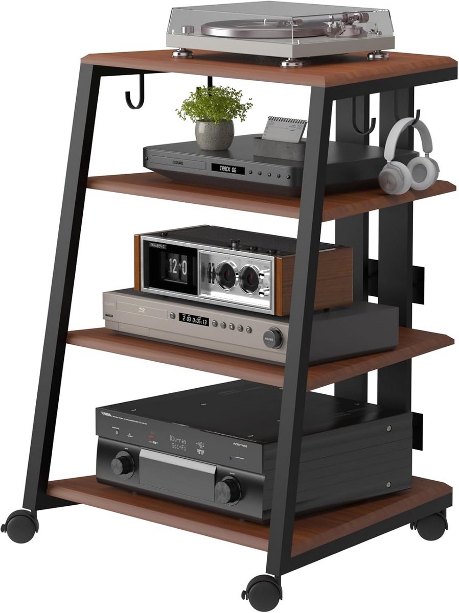 Hifi Meubel met Platenkast, Microfoonstandaard en Wielen - Verstelbaar Audiorek