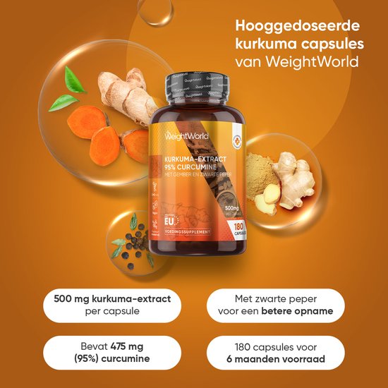 Fles WeightWorld kurkuma-extract capsules, met gember en zwarte peper. Tekst over dosering en ingrediënten.