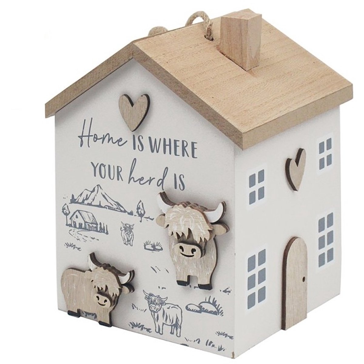 Home & Deco Deurstopper - Deurstop houten huisje Schotse Hooglanders – 14x14x19 cm