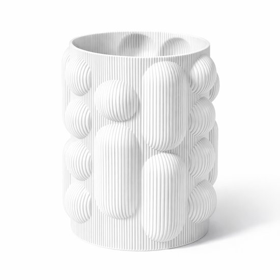 ORBÉLIA™ Design Vaas – Sculpturale Cilinder met 3D Ovale Reliëfs – Ø15 cm – 20 cm Hoog – Statement Piece voor Droogloemen, Verse Bloemen en Planten – Moderne 3D Geprinte Bloemenvaas – Decoratieve bloempotten voor binnen – Wit