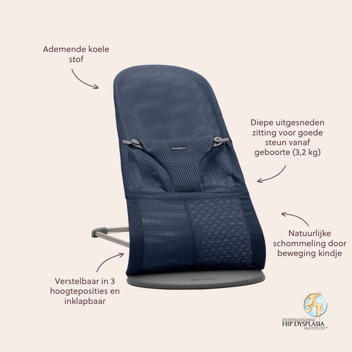 BabyBjörn Wipstoel Bliss - Mesh - Marineblauw - Ergonomisch - Verstelbaar - Inklapbaar – foto 4