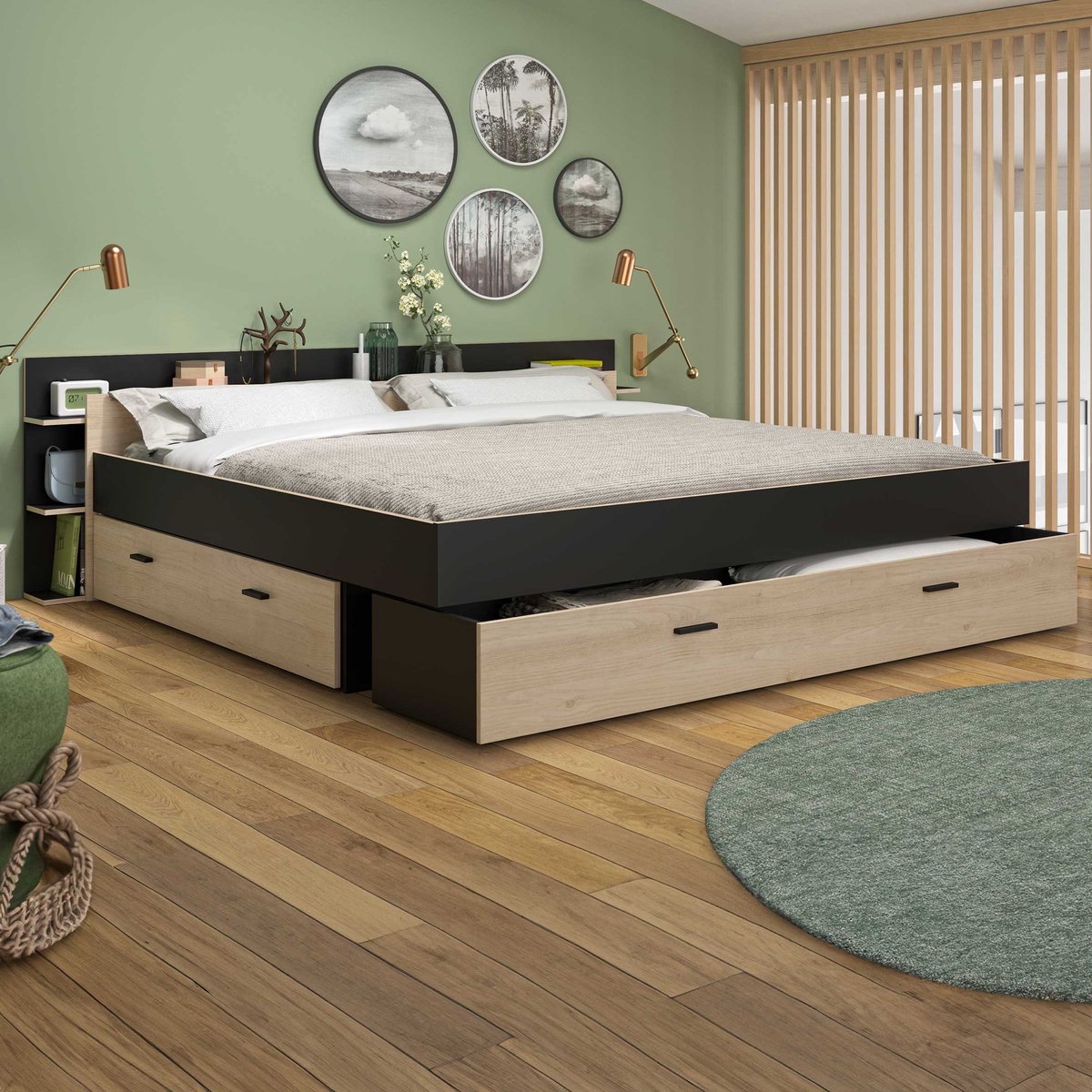 Tweepersoonsbed Tonight - 180x200cm - met opberglades - eikdecor/zwart - Gautier - Gami - Tweepersoons bedkader - Bruin; Zwart - Spaanplaat Tweepersoons Normaal bed