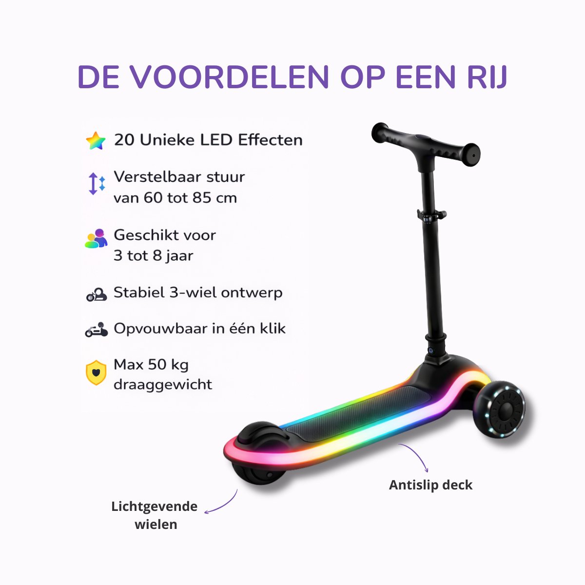 GoudenGracht Kinderstep 2026 - Volledig LED verlichting - 20 Lichtstanden - Step - Kinderstep 3 Wielen - Van 3 tot 8 jaar - Verstelbaar Stuur 60-85 cm - Opvouwbaar — afbeelding 4