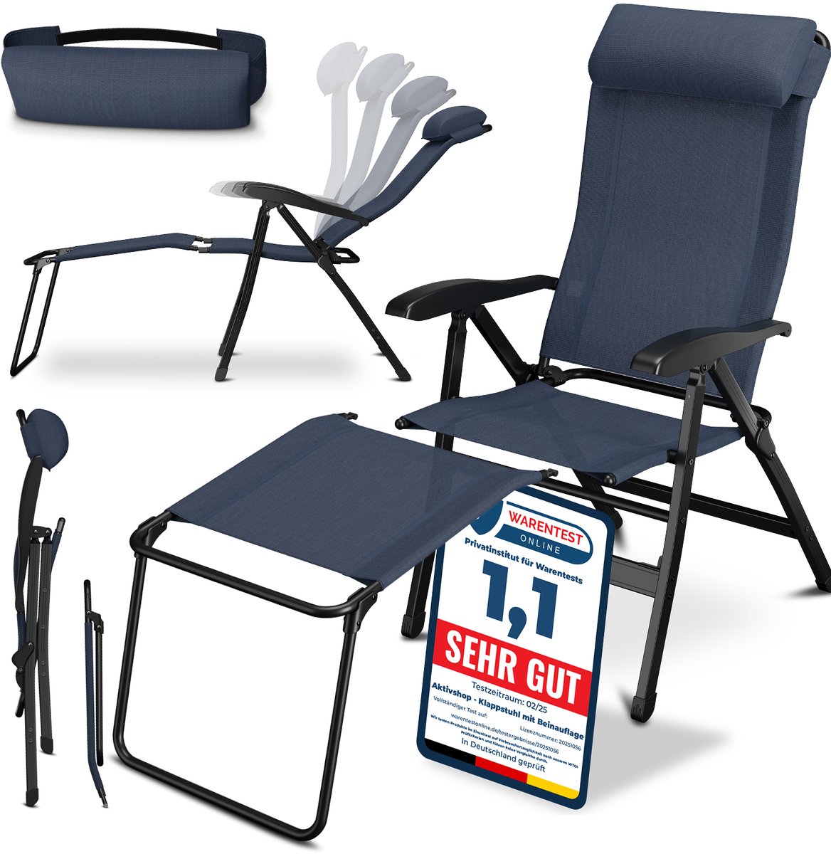 ELONEO Opvouwbare Campingstoel met Afneembare Voetensteun - Comfortabele Aluminium Ligstoel voor Tuin en Balkon met Verstelbare Rugleuning (Blauw)