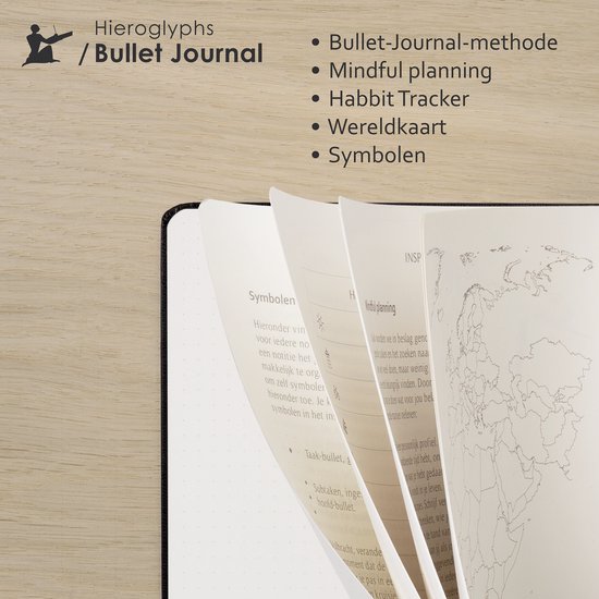 Geopend bullet journal met wereldkaart- en symboolpagina's. Tekst: "Hieroglyphs / Bullet Journal".