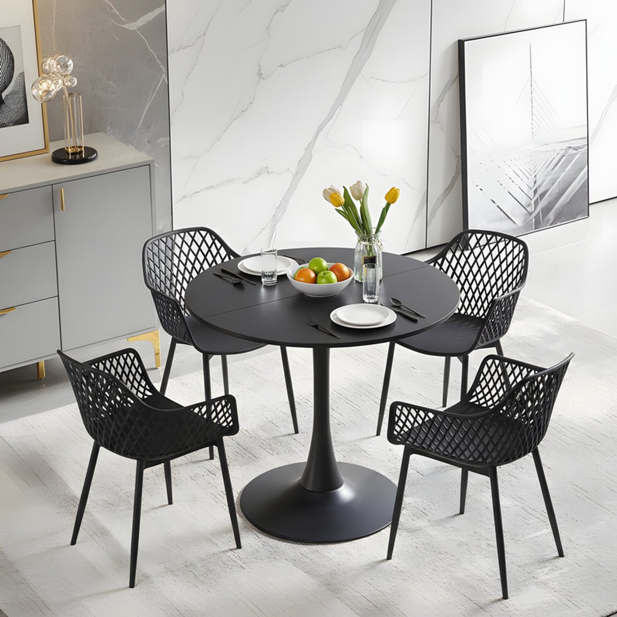 EGGREE eettafel en stoelen set - zwarte tafel Ø 80 cm met 4 stoelen - voor bar - kookeiland - café en eetkamer Zwart-R4BK