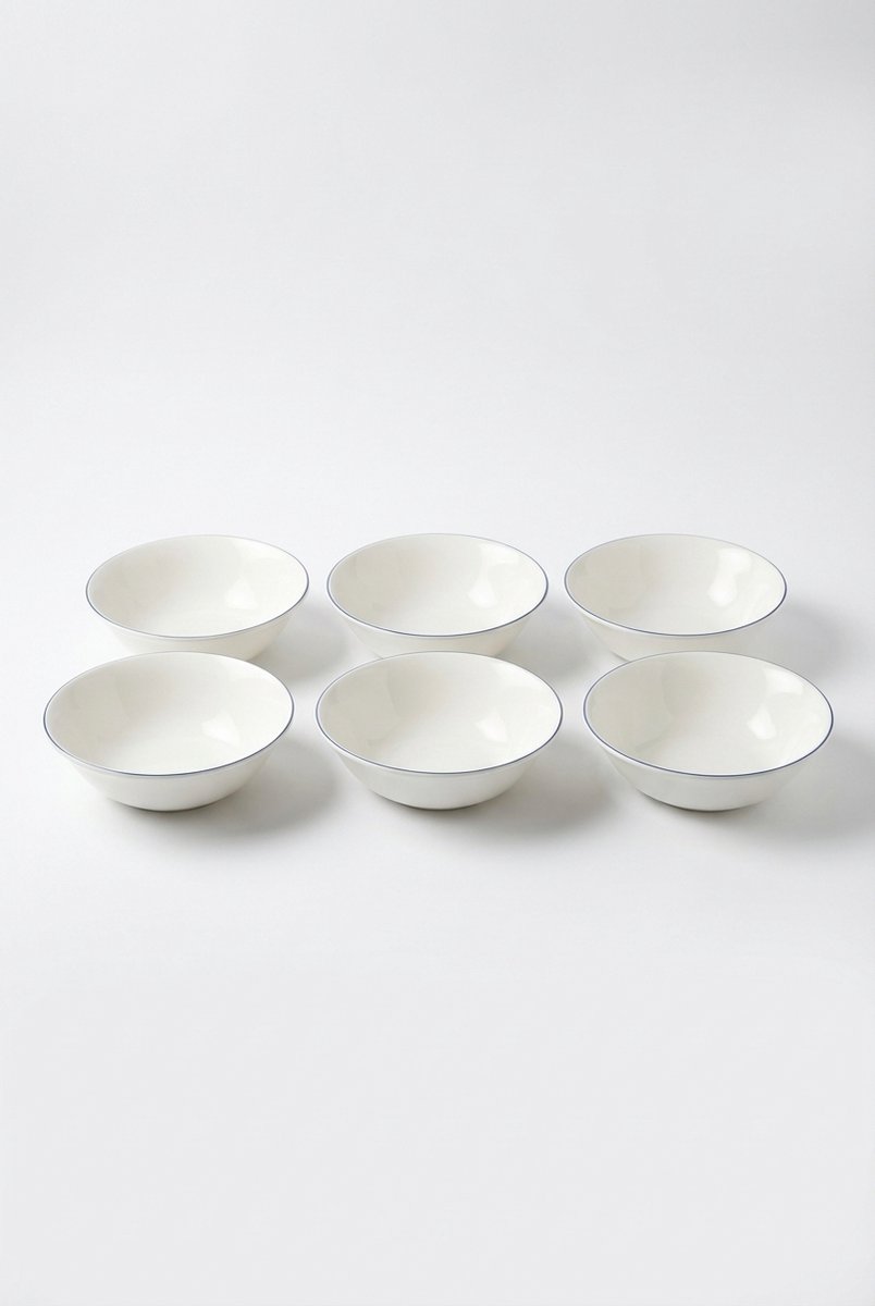 vtwonen - Kommen - Ontbijtkom - Wit/Blauw Lijn - Set van 6 - Porselein