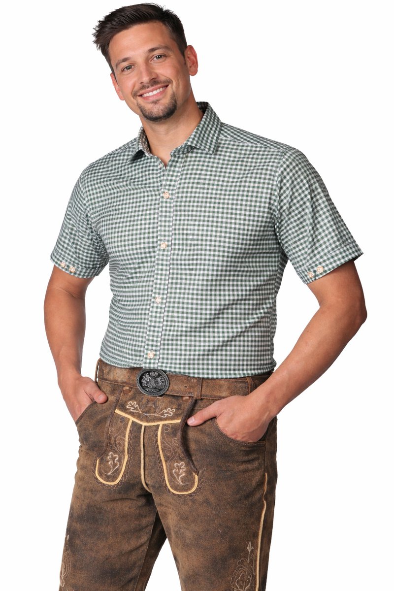 Tannhauser Leopold Oktoberfest Blouse Oktoberfest Heren Carnavalskleding Heren - Korte Mouw - Groen - Maat S - Katoen/Viscose, bestel een maat groter dan je gewend bent