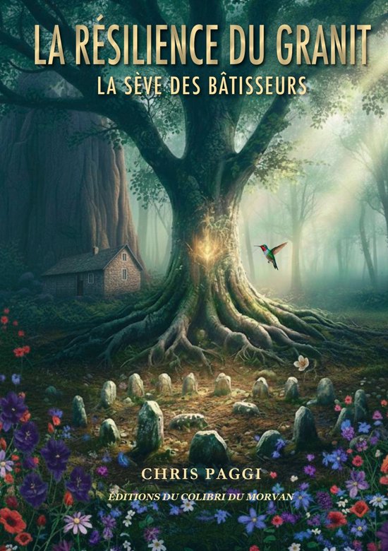 Boekomslag: "LA RÉSILIENCE DU GRANIT LA SÈVE DES BÂTISSEURS" door CHRIS PAGGI. Een grote boom met wortels, stenen cirkel en kolibrie.