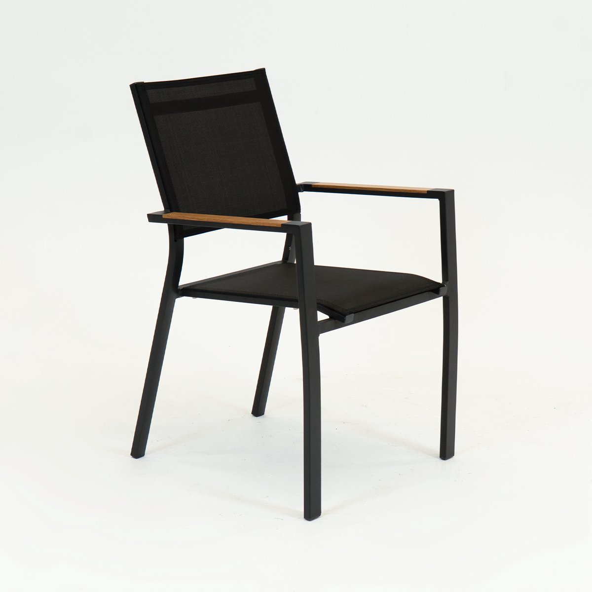 VITA - Stapelstoel Games - Zwart - Tuinstoel - Polywood armleuning - Teaklook - Textielene zitting en rug - Aluminium onderstel - Dubbel gepoedercoat - Handvat achterzijde - Vita tuinmeubelen