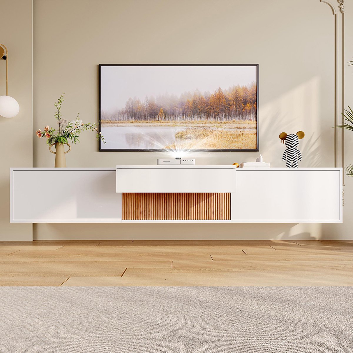 KOMHTOM Moderne tv-meubel, tv-standaard, tv-paneel, lage tv-standaard. Uniek ontwerp, geschikt voor een projector. 180 x 34 x 30 cm (L x B x H) Wit