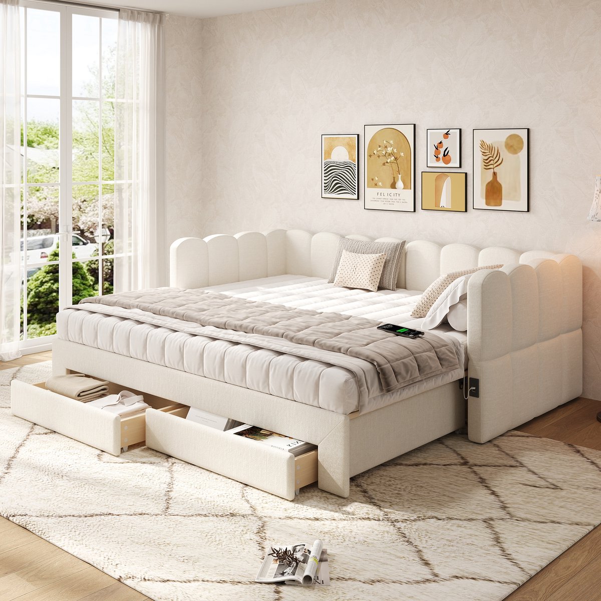 HAUSS SPOLE Gestoffeerd Daybed 90x190cm - Uitschuifbaar Tot 180x190cm Met 2 Opberglades En Usb En Type C Aansluiting - Met Lattenbodem - Zonder Matras - Linnen - Beige