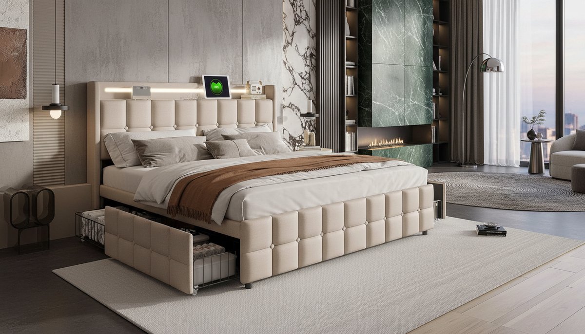 Gestoffeerd tweepersoonsbed 180x200 cm – Casa Velluto Luxe Opbergbed met 4 Laden, LED-Hoofdeinde met USB-C Oplaadfunctie, Lattenbodem van Hout, Linnen Bekleding, Modern Familie- en Tienerbed