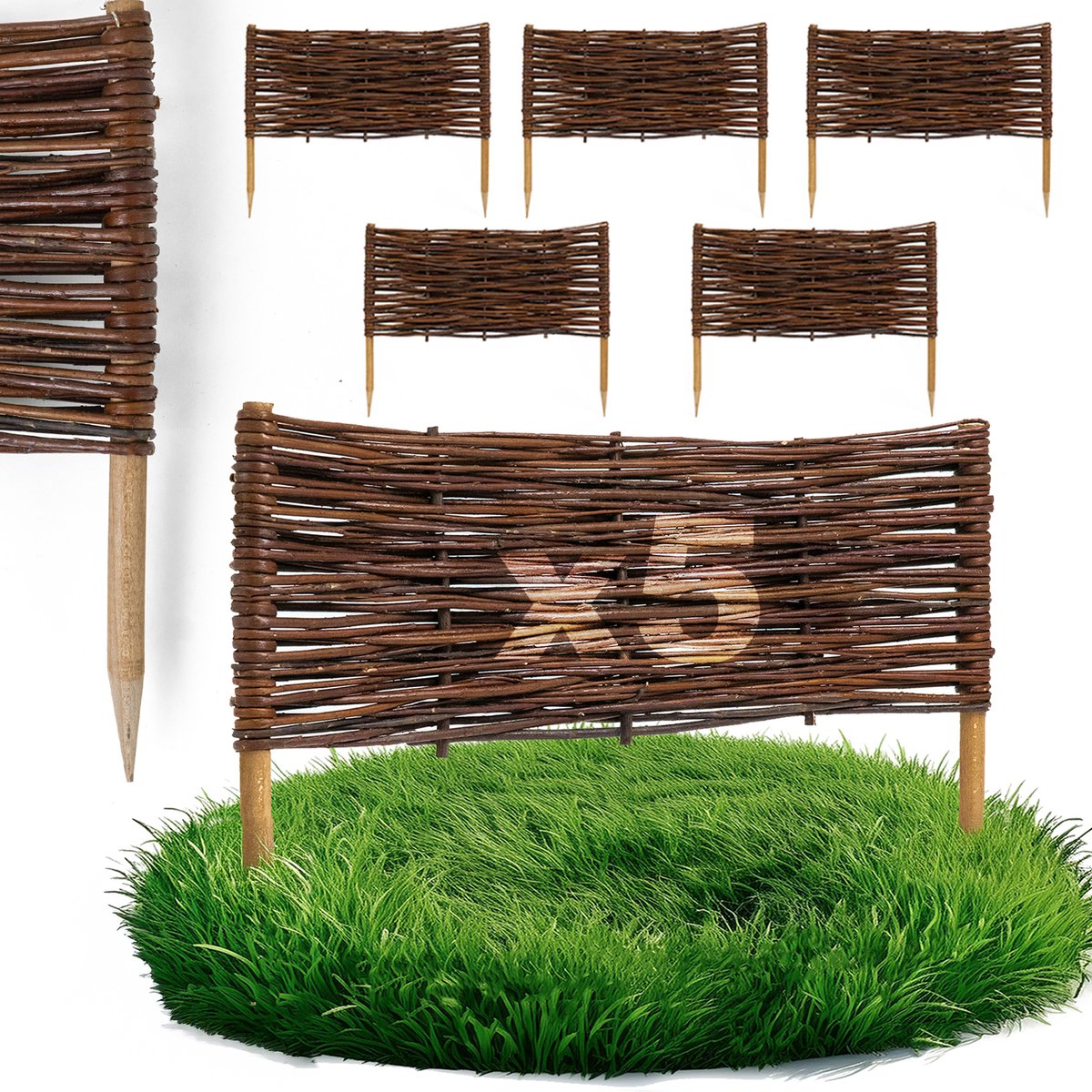 5 x BOGATECO bedrand van wilgenhout | 60 cm lang & 30 cm hoog | Houten schutting gazonrand | Wilgenhek insteekhekwerk