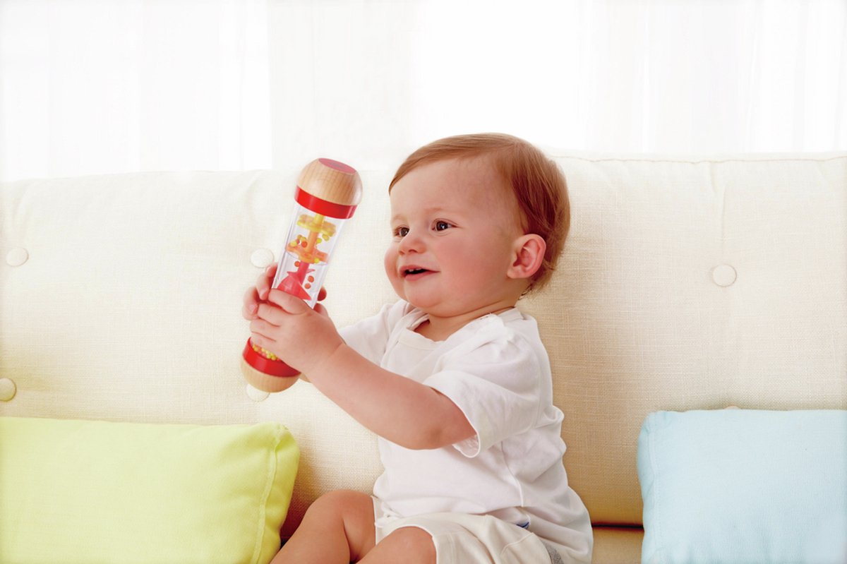 Hape Regenmaker Rood - Houten Rammelaar en Sensorisch Babyspeelgoed vanaf 0 Maanden — afbeelding 6