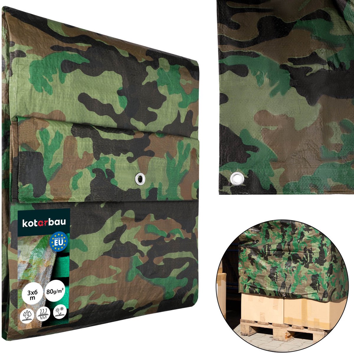 KOTARBAU® Afdekzeil - Polyethyleen - 3 x 6 m - Camouflage - 90 g/m² - Waterdicht - Zeil Afdekking - Beschermzeil voor Meubels - Afdekzeil uv-bestendig
