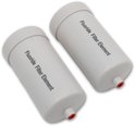 Twee witte "Fluoride Filter Element" filters op een witte achtergrond.