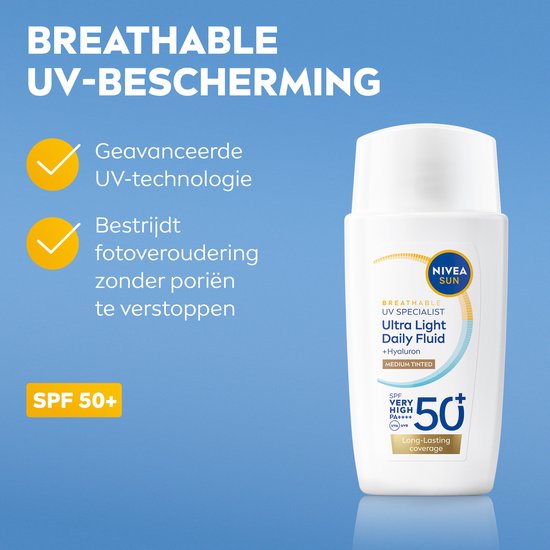 NIVEA SUN UV Face Daily Fluid Zonnebrand Gezicht SPF50+ - Medium Tinted - Zonnebrandcrème - 40ML