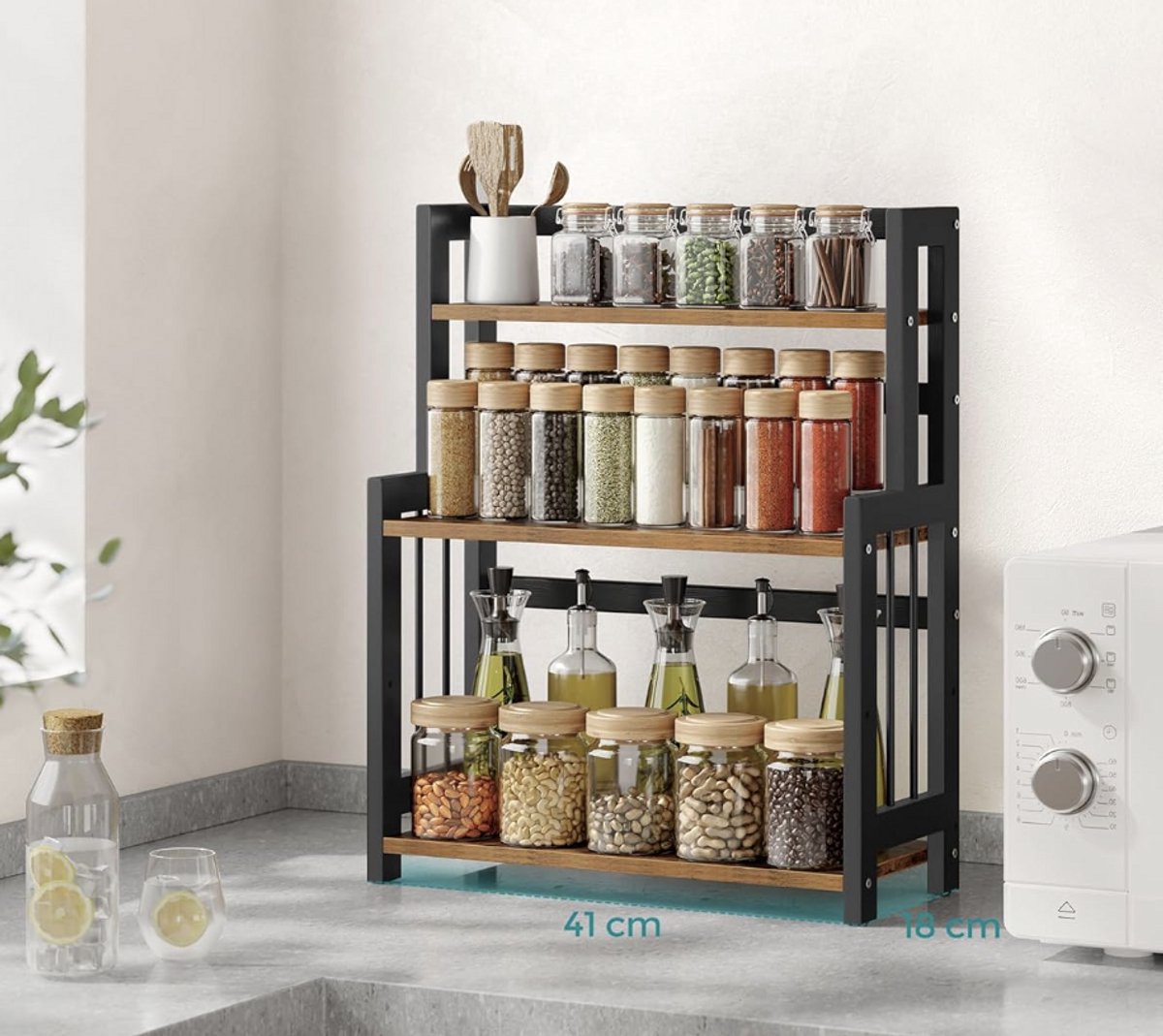 3-Laags Kruidenrek/koffiebar organizer– Bamboe & Metaal – Vrijstaand Keukenrek – Werkblad Organizer – Bruin/Zwart