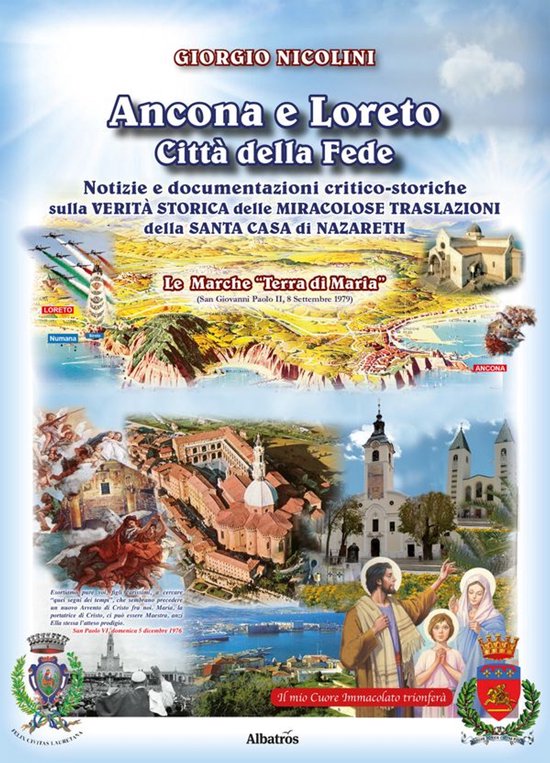 Boekomslag "Ancona e Loreto Città della Fede" met afbeeldingen van religieuze locaties, een schilderij en tekst in het Italiaans.