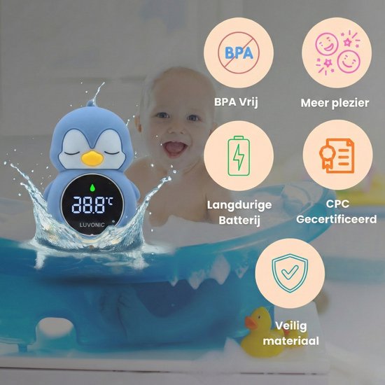 Luvonic® Badthermometer Baby - Digitale Waterthermometer met LED Display - Veilig & Oplaadbaar - Drijvend Bad Accessoire voor Baby’s - RGB - Pinguïn van Luvonic — afbeelding 2