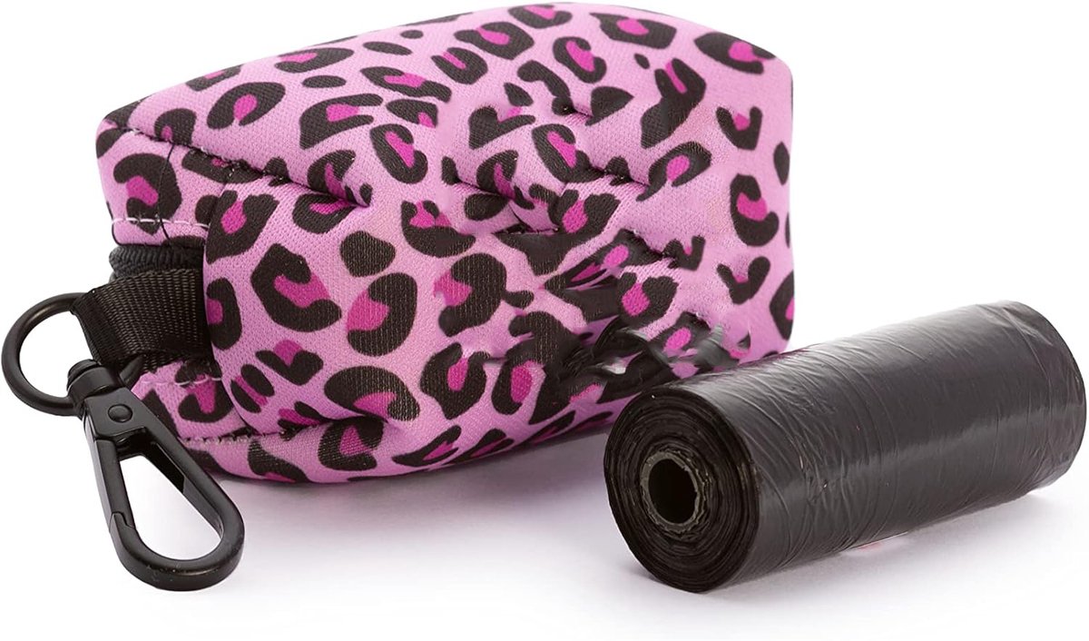 Famanu – Zakdispenser voor honden en poepzakjes - met karabijnhaak - accessoires voor huisdieren - inclusief een rol tassen (roze)