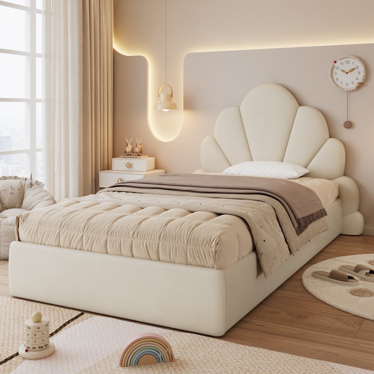 Wishdor Gestoffeerd Eenpersoonsbed 90x200 cm – Bloemvormig Hoofdbord met Zijtafels – Zacht & Stijlvol – Fluweel – Beige
