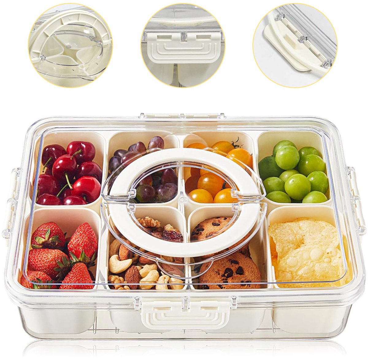 Kruidenorganizer met Acht Vakken - Fruitbewaarbox - Snacktray met Deksel en Handvat - Draagbare Snackbox voor Onderweg - Geschikt voor In De Koelkast