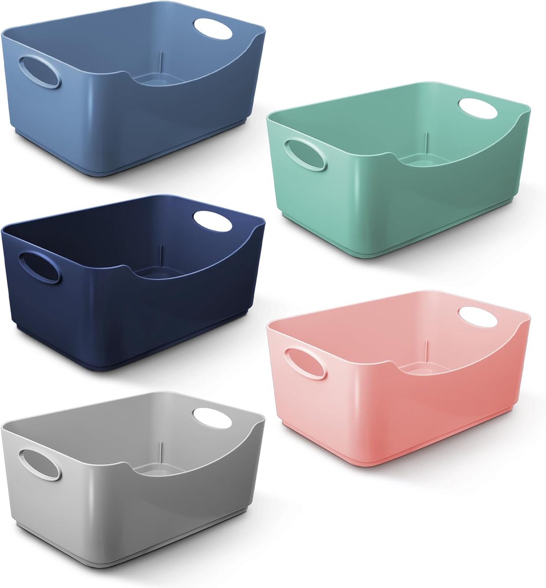 Famanu – Set van 5 plastic opbergmanden met handgrepen – Multifunctionele draagbare bakken voor huis en kantoor – Meerkleurig