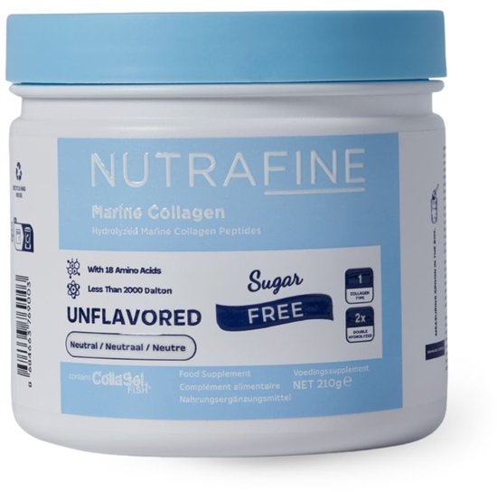 Wit met lichtblauw deksel Nutrafine Marine Collagen Unflavored pot met 210g, 'Sugar Free' en 'Less Than 2000 Dalton'.