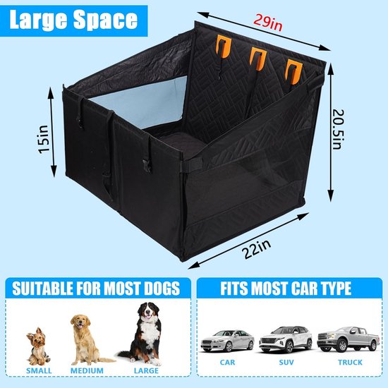 Zwarte autostoel voor honden, 22x29x20.5 inch, geschikt voor kleine, middelgrote en grote honden.
