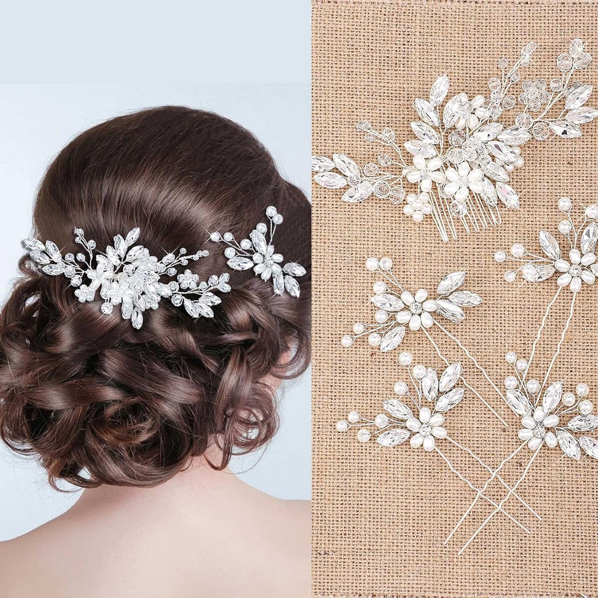 Set van 5 Elegante Bruidshaarspelden met Kristal en Parel Decoratie