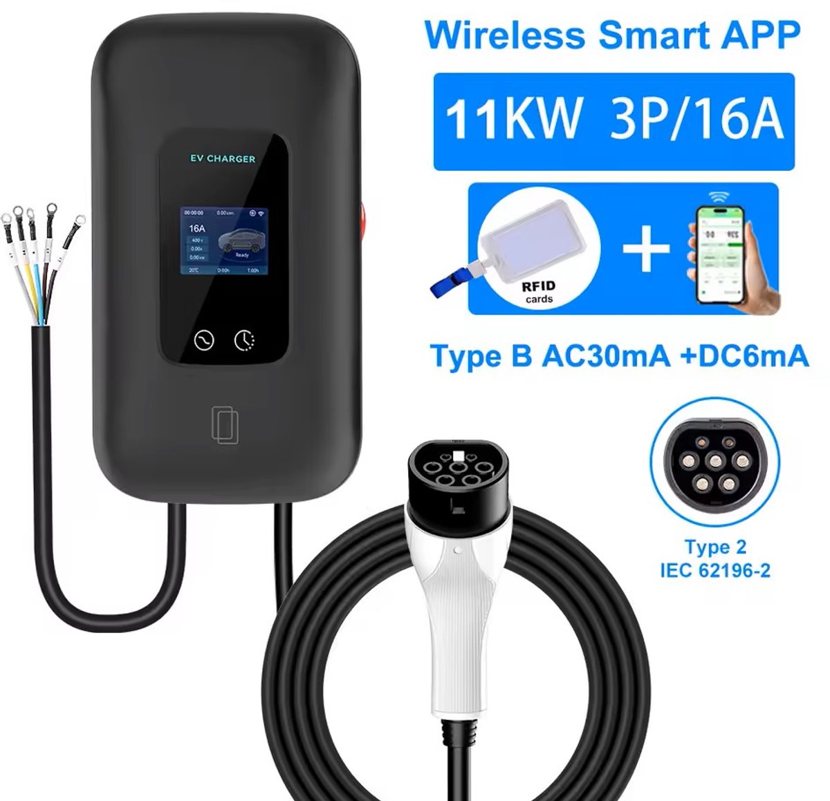 Laadpaal 11 kW met 5 Meter Kabel - Slimme App-bediening
