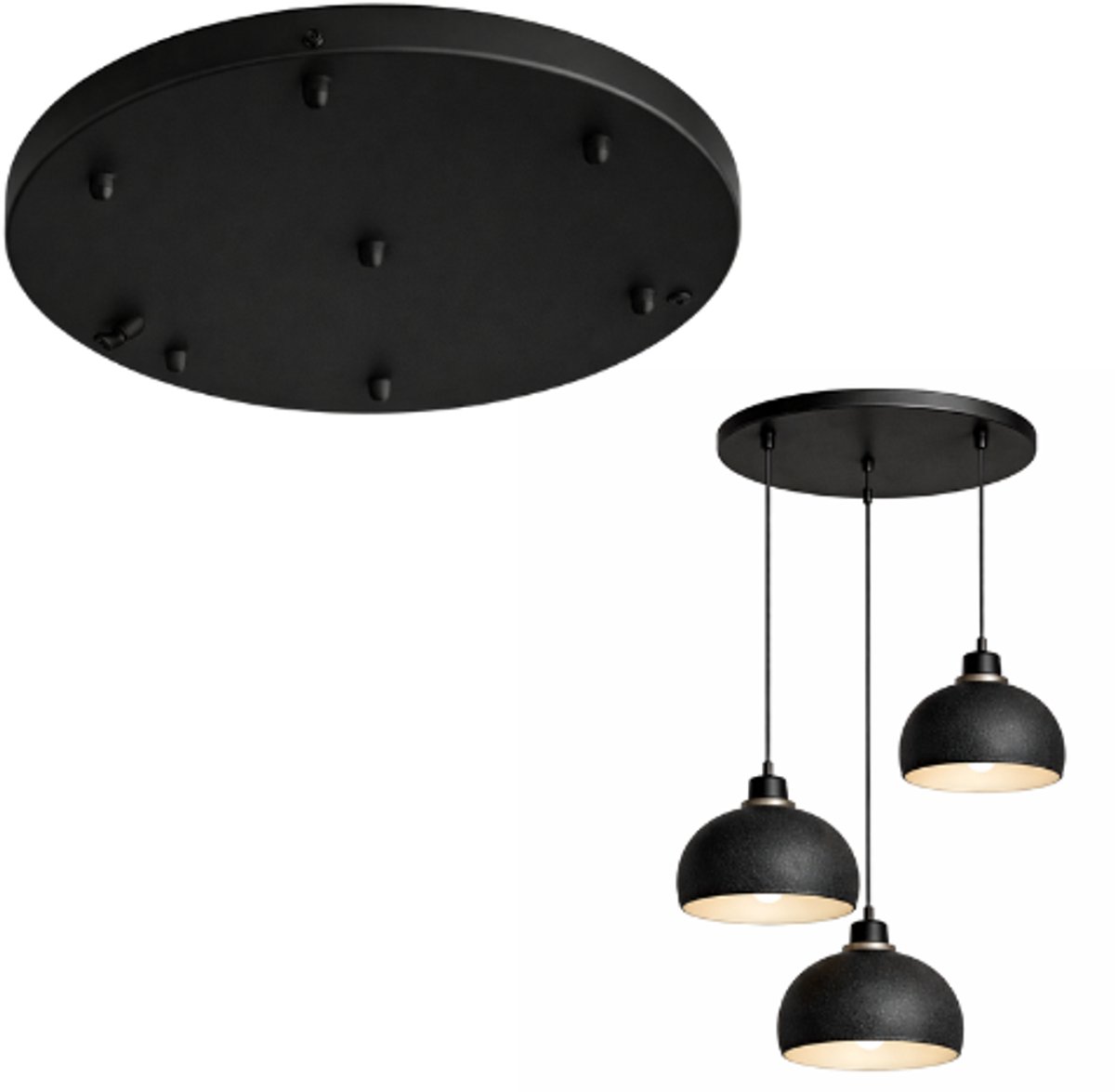 Lichtendirect - Plafondplaat Zwart - 50 cm – Ronde plafondkap voor 3 hanglampen – Universele plafondrozet – Inclusief aansluitpunten