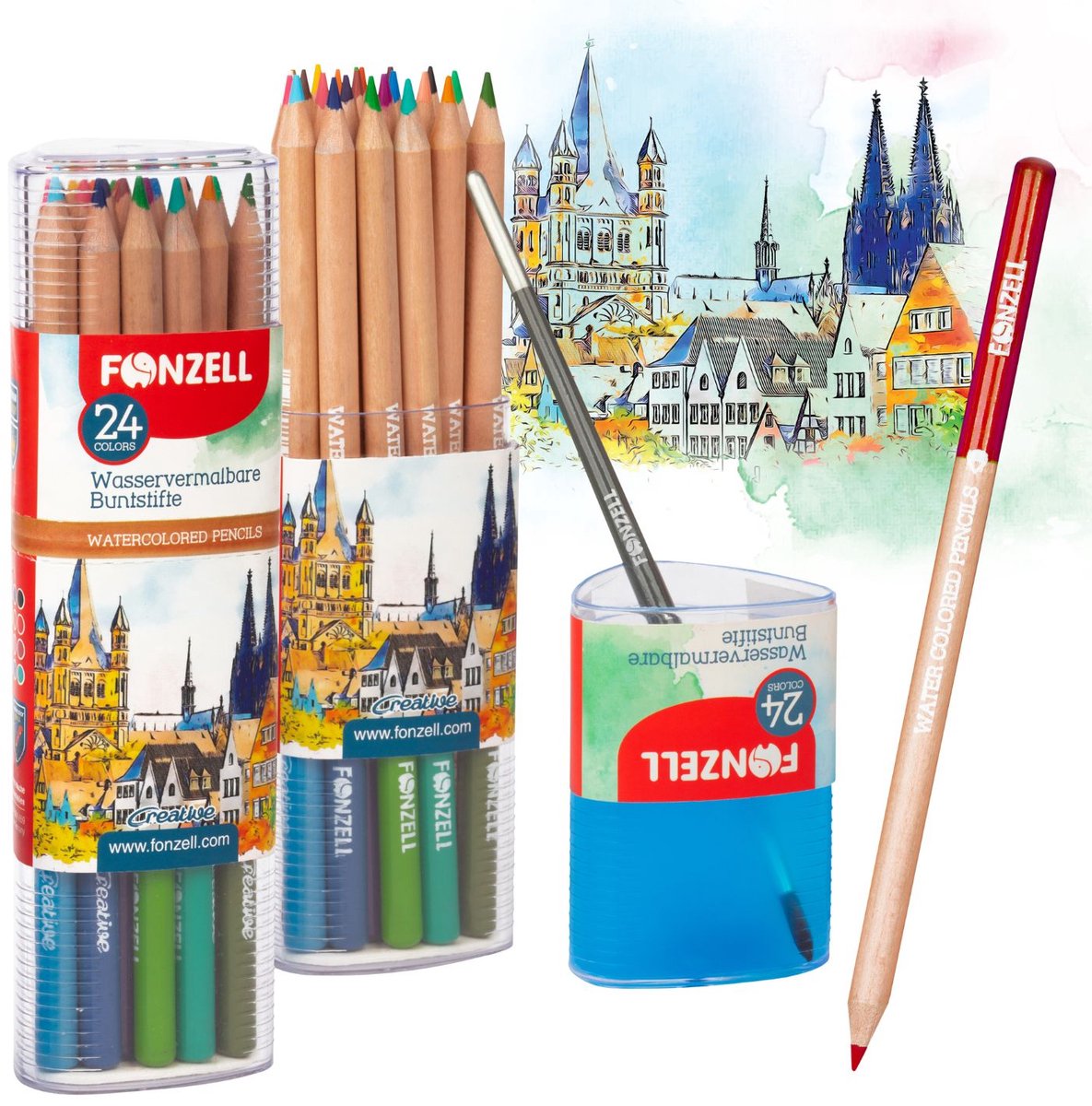 Fonzell Aquarelpotloden - Potloden set voor Aquarel - Incl penseel - 24 kleuren