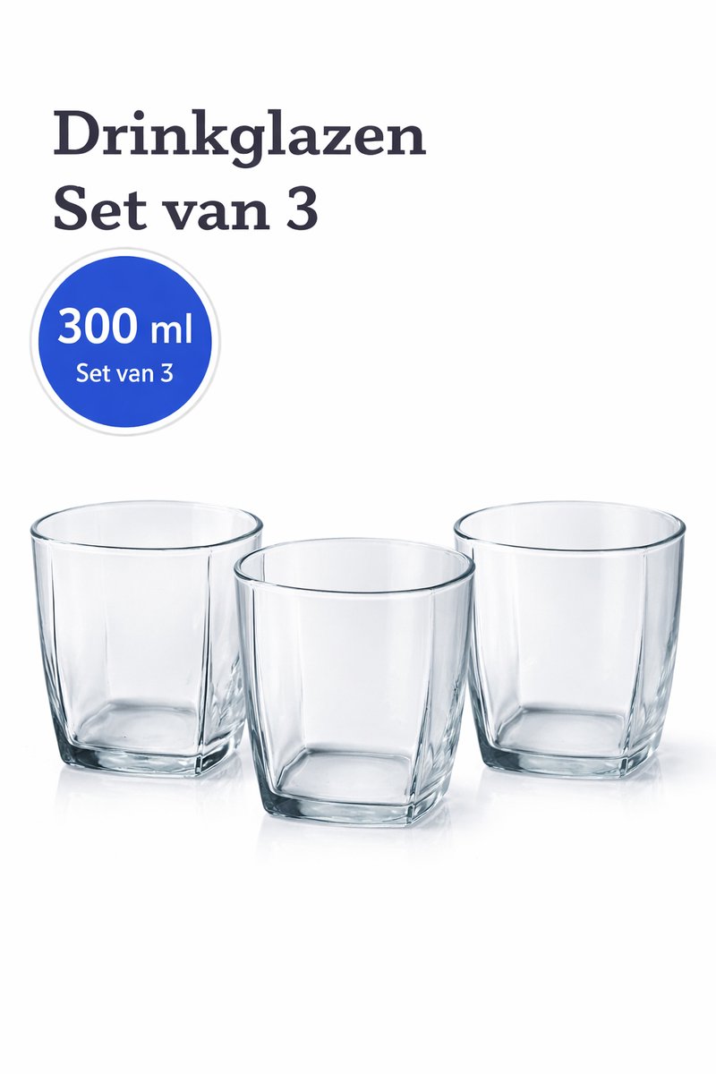 Drinkglazen 300 ml – Set van 3 – Transparant Glas – Voor Water, Sap & Frisdrank