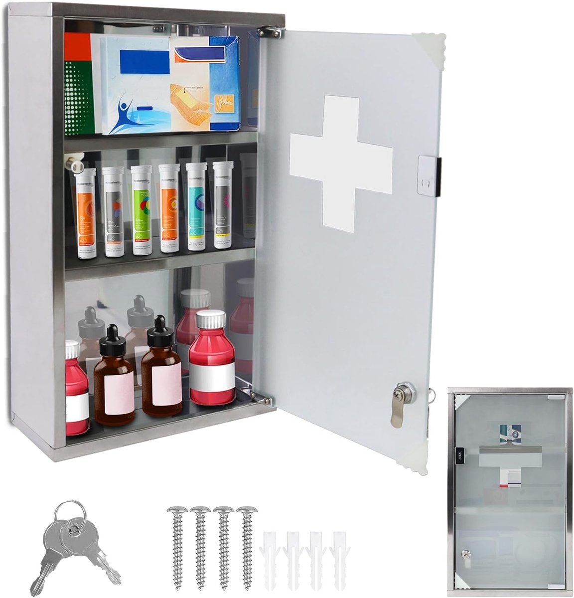 30x12x50cm Rvs Medische Kasten | 3 Vakken Sluitbare Apothekerskast | Inkl. Glazen Deur En