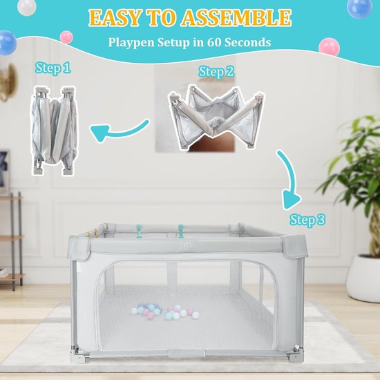 MELVRA Opvouwbare Speelbox - Babybox - 127x127 cm - Grondbox voor Baby & Peuter - Binnen & Buiten - Inclusief Reistas, 20 Ballen & 4 Handgrepen - Grijs — afbeelding 4