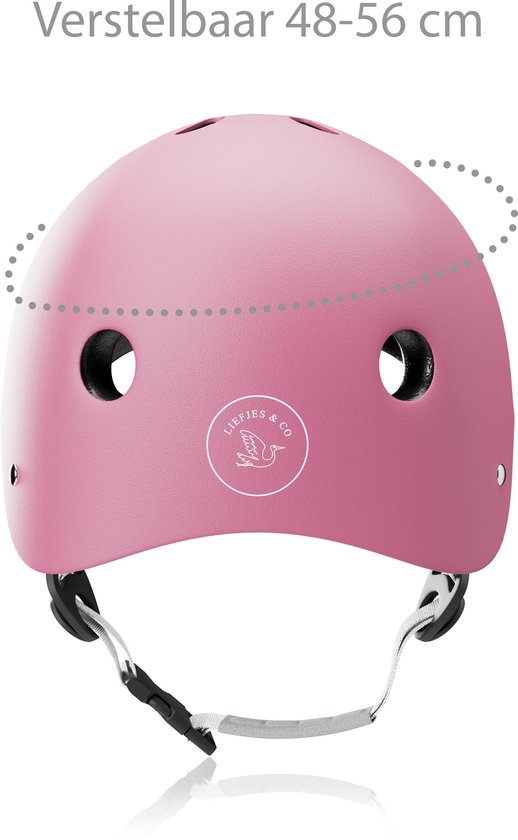 Roze kinderhelm met ventilatiegaten en pijlen die luchtcirculatie aangeven.