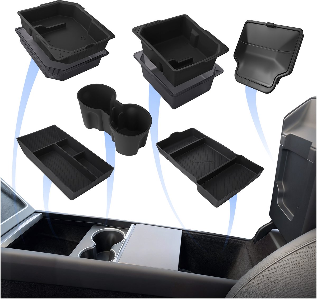 MMOBIEL Middenconsole Organizer voor Tesla Model Y/YL Juniper 2025–2026 Accessoires – 6-delige Auto Interieur Accessoires – ABS & Siliconen Organizers, Trays, Bekerhouder, Armsteunbox – Antislip