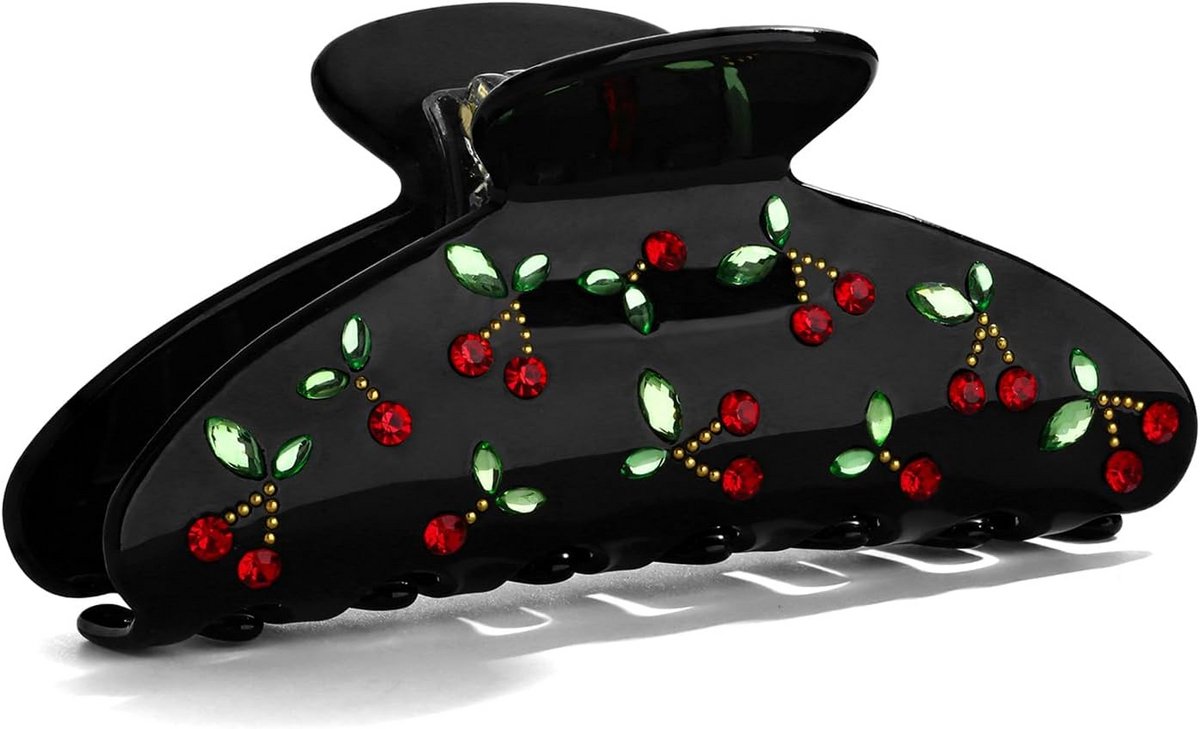Zwarte Kersenhaarclip met Strass Steentjes - Antislip Kapsel Accessoire