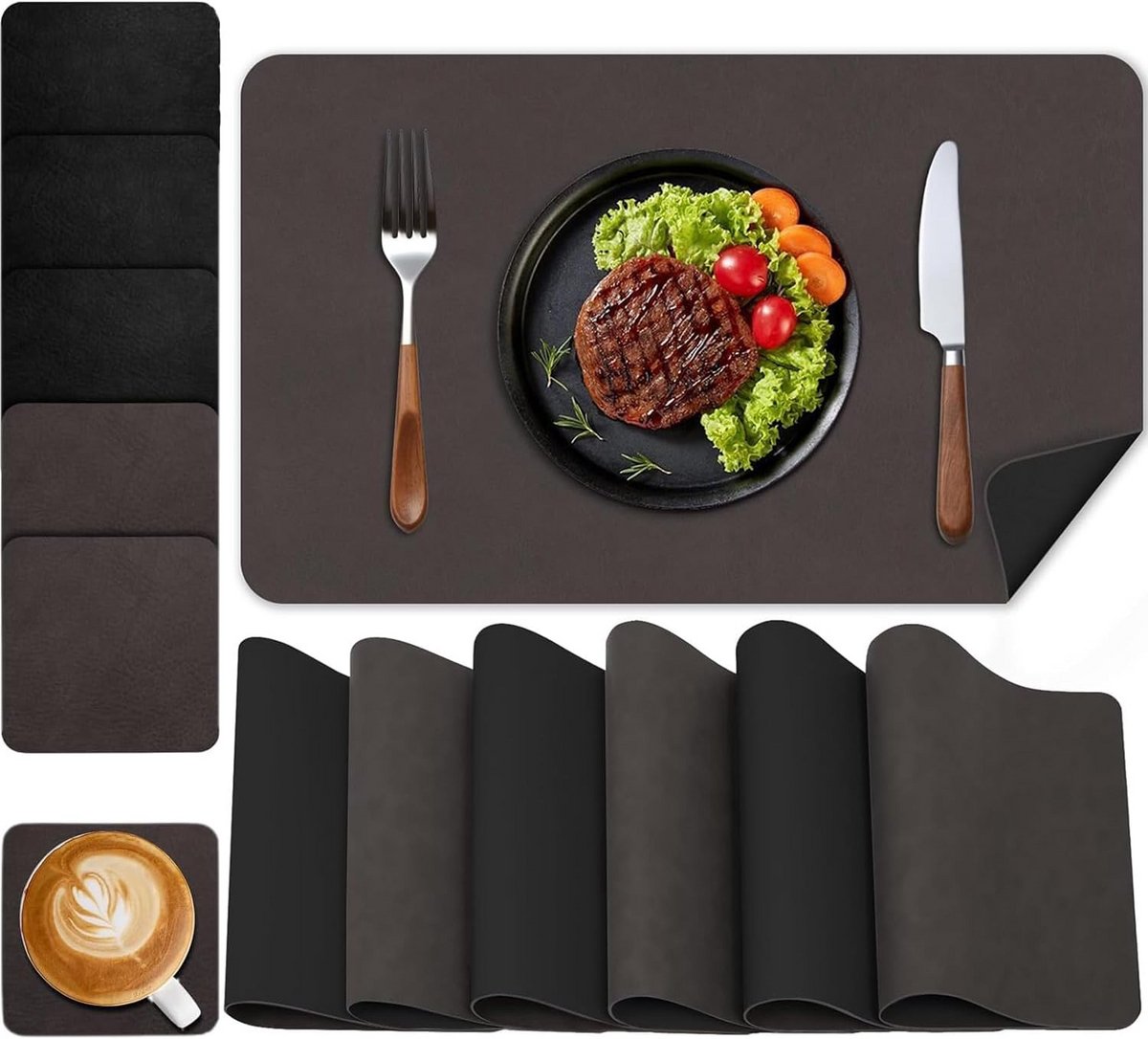 Set van 6 Vierkante Leren Placemats met Onderzetters - Omkeerbaar en Antislip